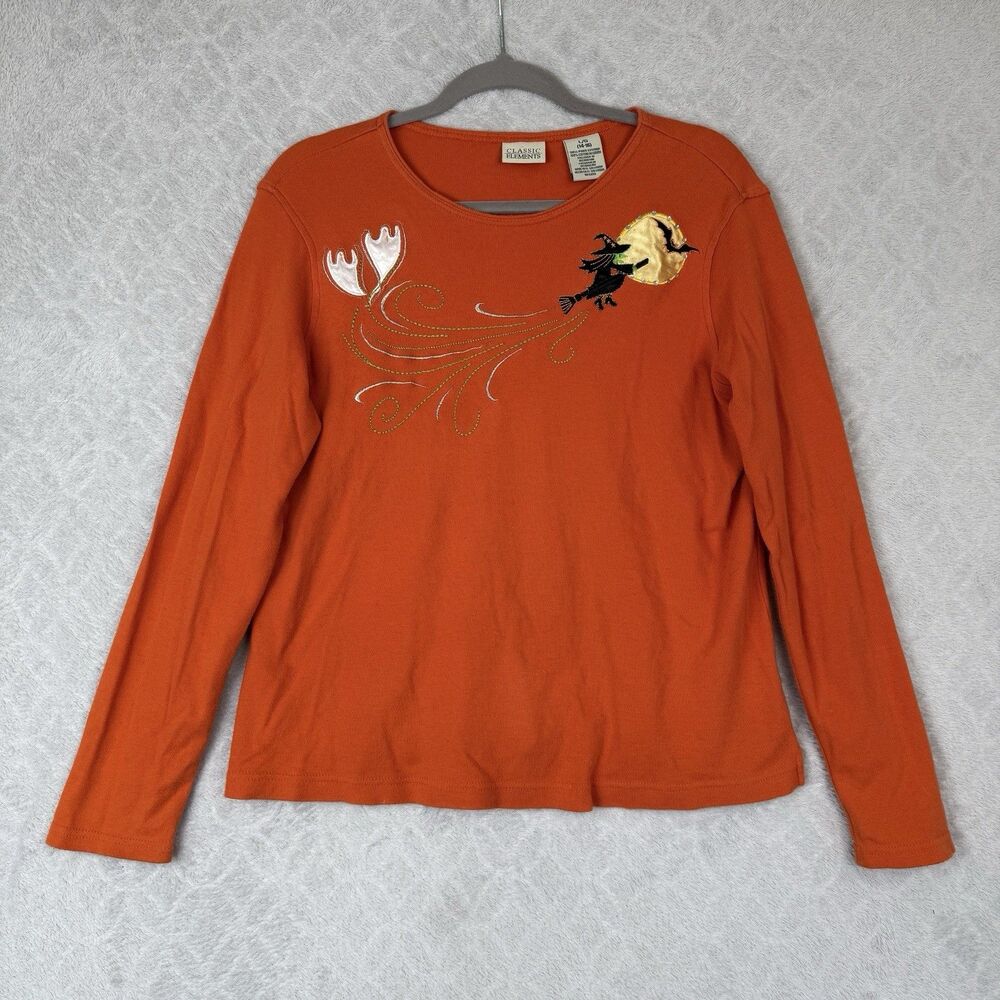 Vtg Halloween Long Sleeve Top Women Large Orange Embroidered Ghost Witch 90s Y2K